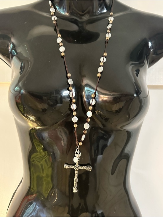 Jewelry - Silver Cross Necklace with Mother-of-Pearl Beads